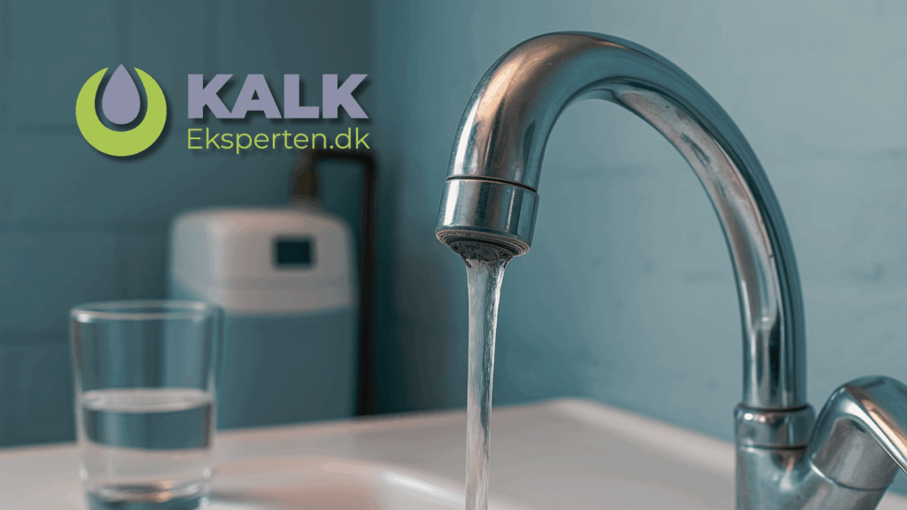 and løber fra en krom vandhane ned i en vask, mens et glas står ved siden af. I baggrunden anes et hvidt blødgøringsanlæg og kobberrør i et lyst rum.