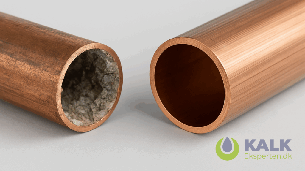 To kobberrør ligger side om side. Det ene er dækket af indvendige kalkaflejringer, mens det andet er helt rent og glat. Nederst ses KalkEksperten.dk-logoet.
